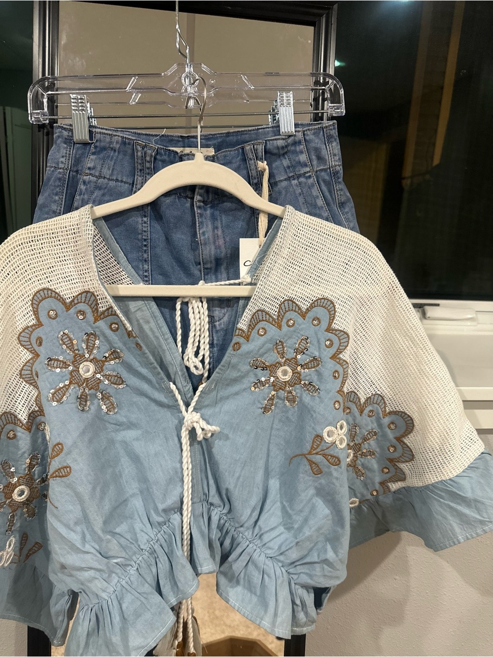 POL Blue Embroidered Crochet-Sleeve Drawstring Top with Charlie B skort!  NWT